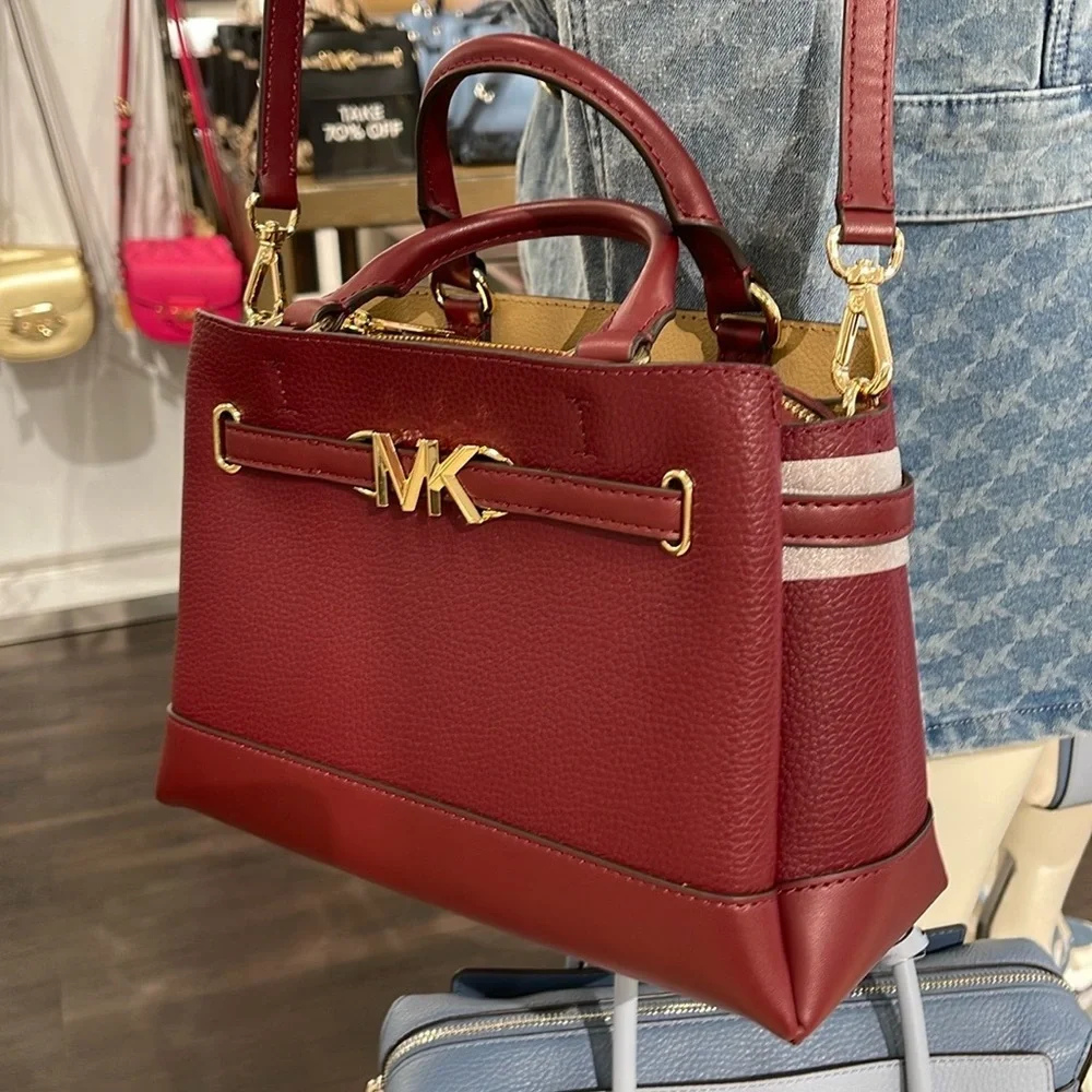 Michael Kors Reed Small Dark Cherry Leather Center Zip Belted Satchel Purse  NWT